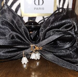 Black Sheer Hair Bow with Pearl Charms on Hair claw